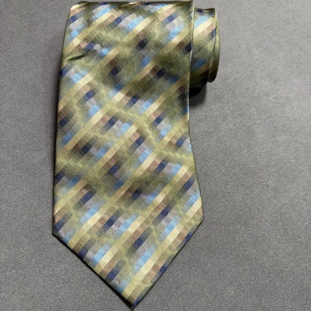 Saxony Collection Tie Mens 3.25 Wide Green Blue Geometric Classic Silk Handmade